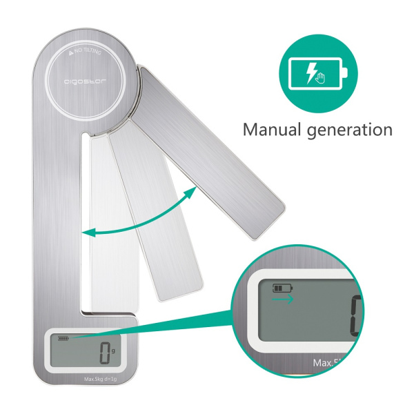 5Kg capacity, foldable digital, kitchen scale, accuracy 1 gr, steel, battery free *Aigostar Nano*