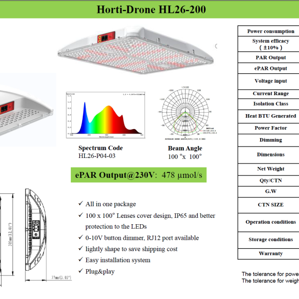 200W, LED, grow light, dimmable, waterproof, Horti-Drone