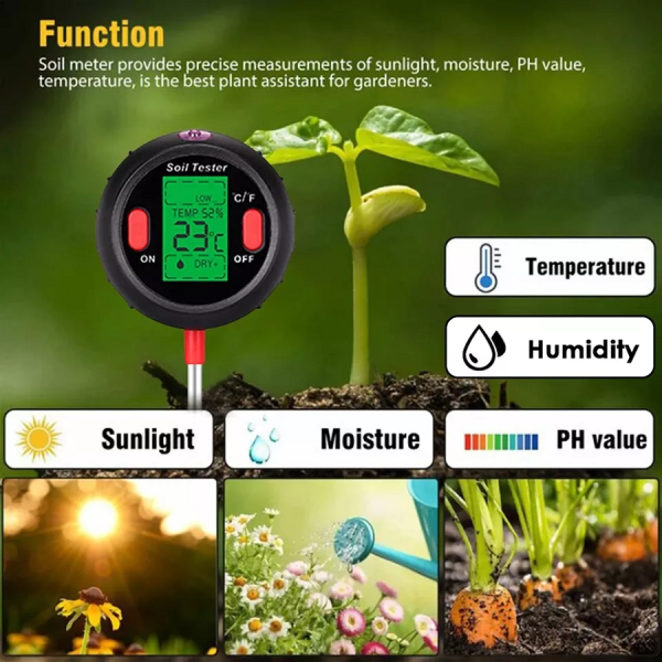 5 in 1, soil meter, ph, moisture, sunlight, thermometer, hygrometer